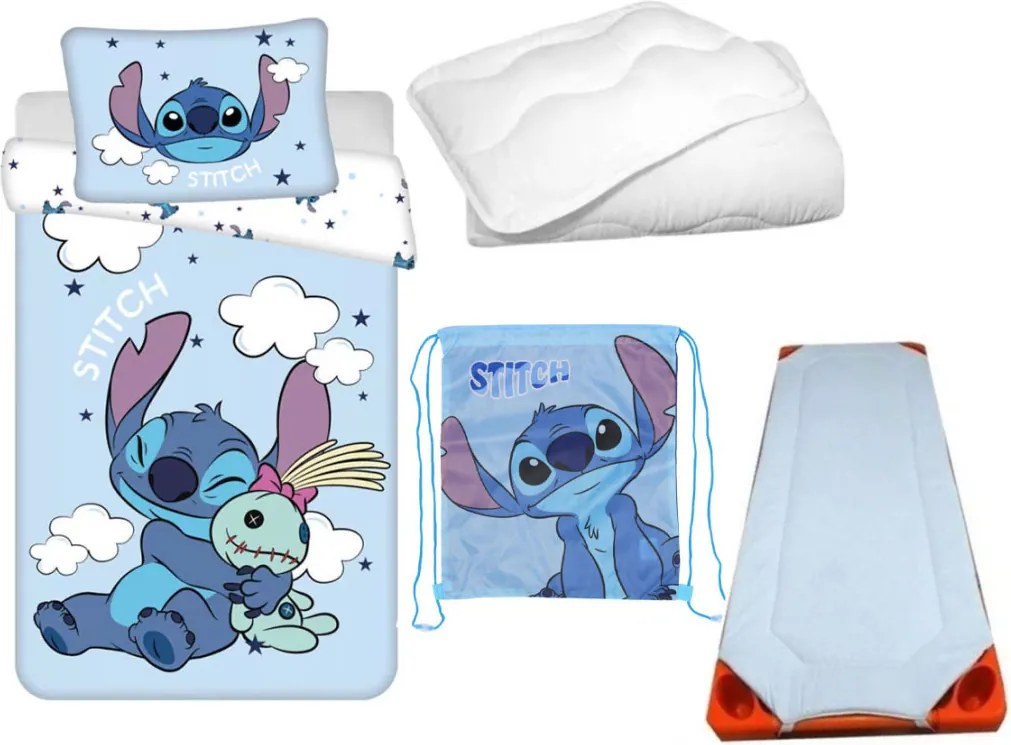 Disney Lilo és Stitch, A csillagkutya Blue Clouds Alien gyerek, ovis ágyneműhuzat, derékalj, tornazsák és paplan/párna szett 100x135 cm 40x60 cm