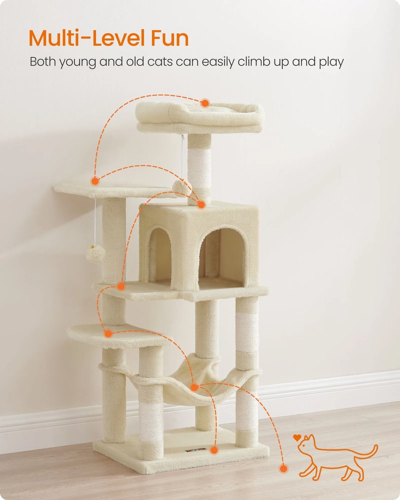 Macska kaparófa, cicatorony, 4 kaparóval, 2 pihenőhely, 40x40x112cm,  bézs