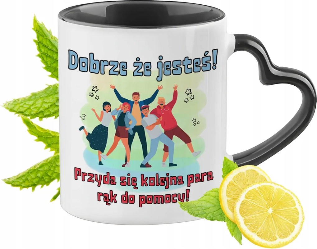 Munkahelyi üdvözlő bögre fekete, szív alakú füllel Ajándék