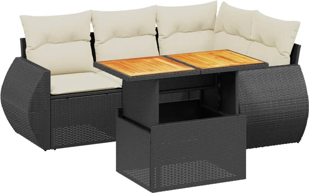 vidaXL 5 részes fekete polyrattan kerti kanapészett párnákkal