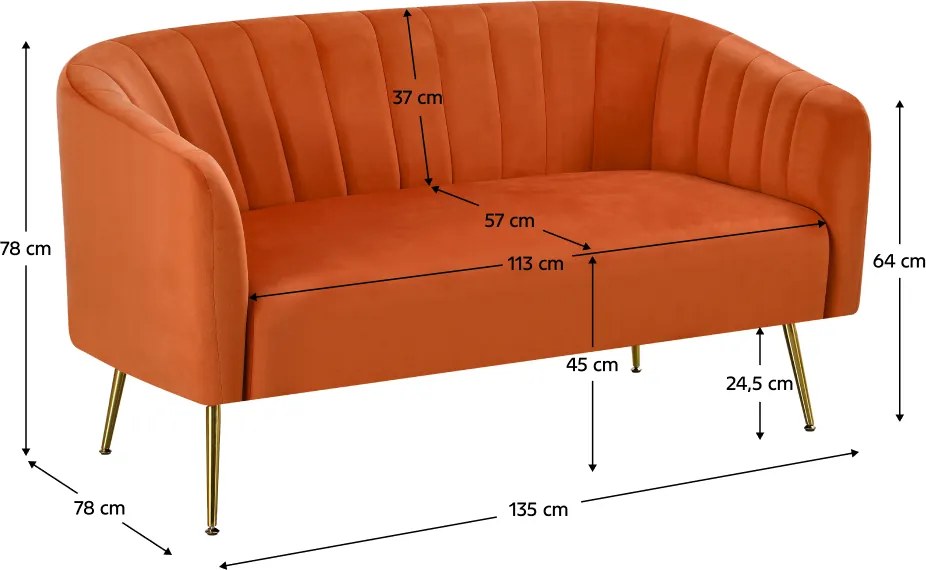 Design kétszemélyes kanapé, terrakotta Velvet szövet/gold króm-arany, BAGY