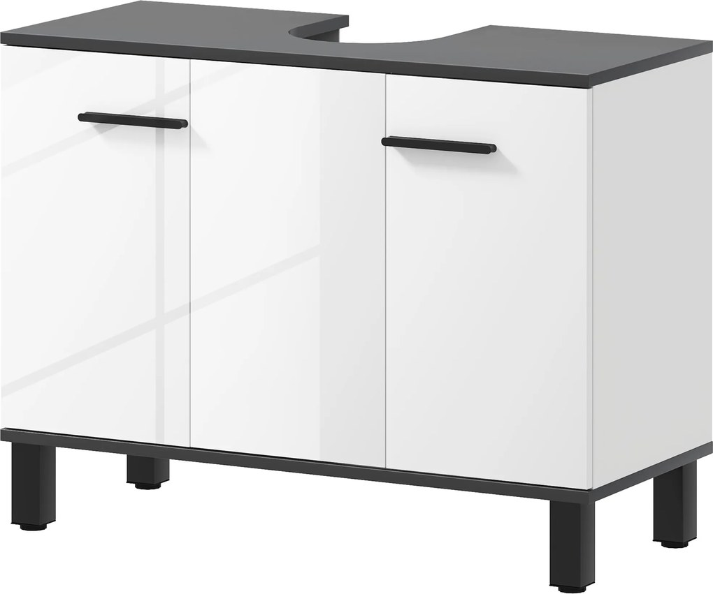HOMCOM Mosdó Alatti Szekrény Fürdőszobai Mosdókagylóval vagy Lábakkal, 2 Ajtóval és Állítható Polcokkal, 80x34x60 cm Fényes Fehér Fürdőszobához | Aoso