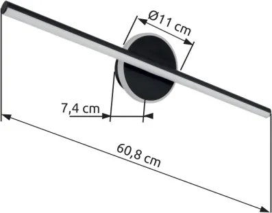 Globo 41924S Fali könnyű fém fekete matt, akril fehér, IP44, SZxM: 608x130mm, Mélység: 74mm, LED 10W 230V, 980lm forrás, 630lm kimenet, 4000K