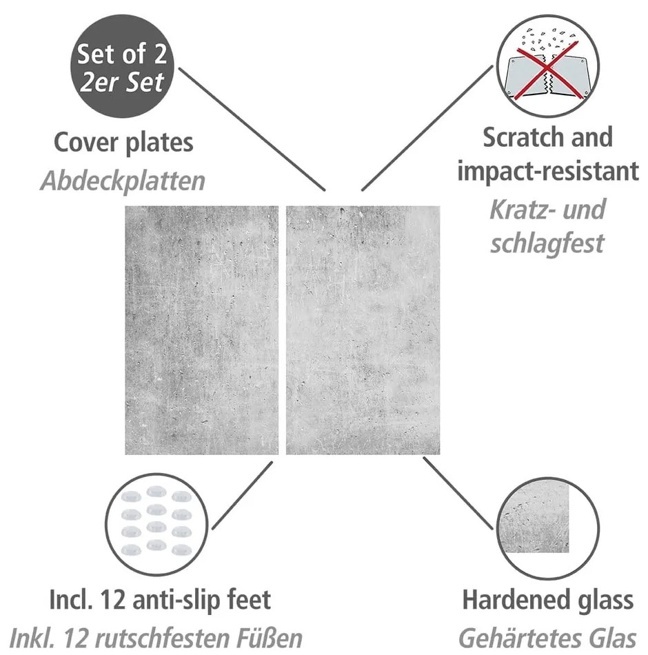 Edzett üveg tűzhely fedőlap szett 2 db-os 52x30 cm Concrete – Allstar