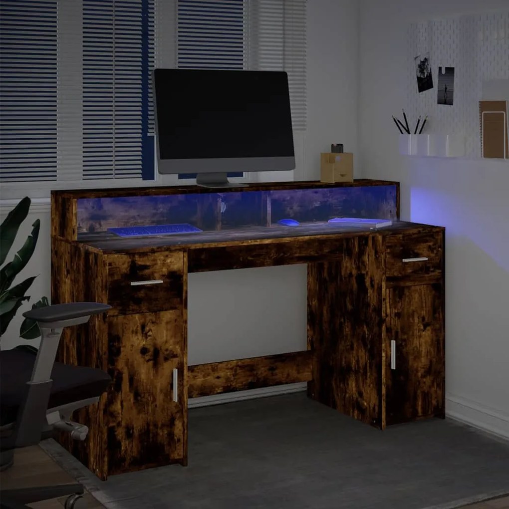 füstös tölgy színű szerelt fa íróasztal LED-ekkel 140x55x91 cm