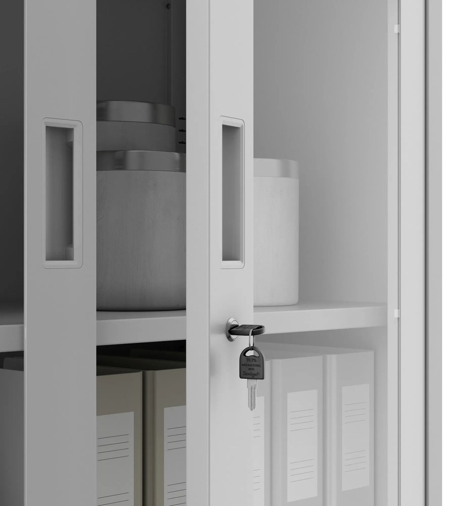 Fém iratszekrény széffel, vitrinnel és fiókokkal FILIP, 900 x 1850 x 400 mm, szürke