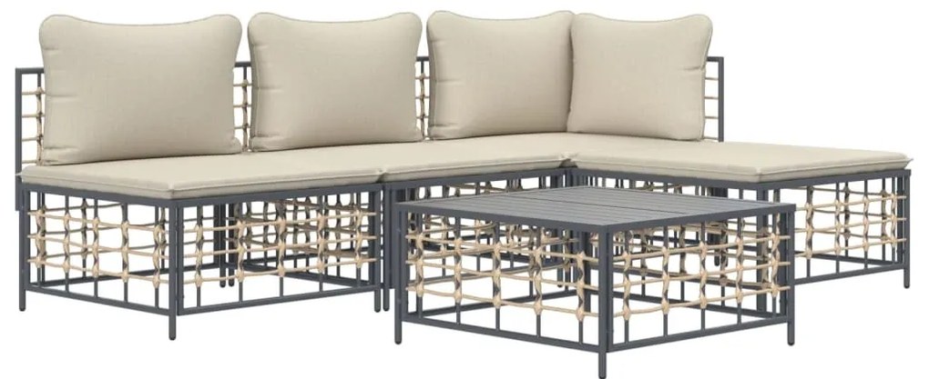 5 részes antracitszürke polyrattan kerti ülőgarnitúra párnákkal