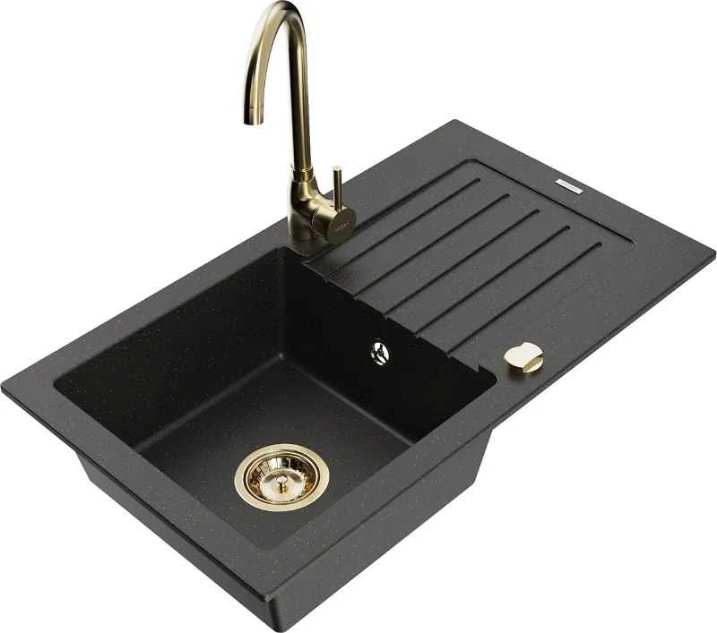 Mexen Pablo egymedencés gránit mosogató csepegtetővel és Telma konyhai csapteleppel, fekete/arany - 6510-75-670200-50
