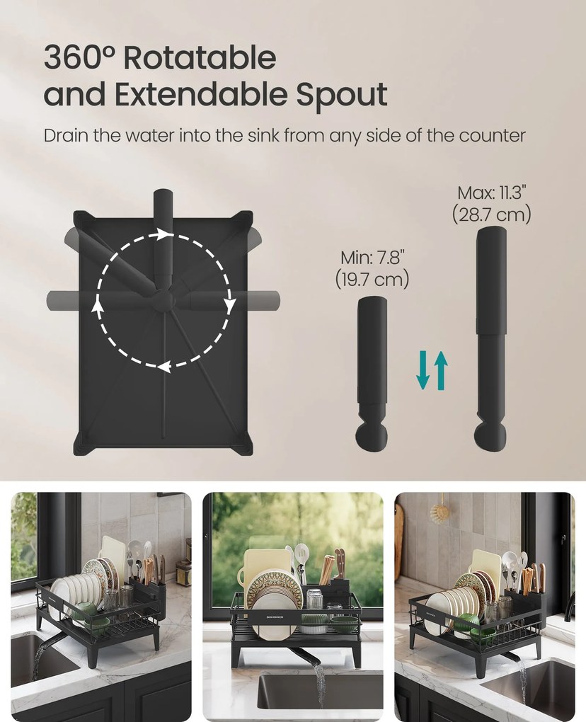 Edényszárító állvány, 360°-ban forgatható és kihúzható lefolyóval, fekete