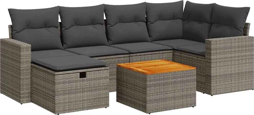 vidaXL 7 részes szürke polyrattan kerti ülőgarnitúra párnákkal