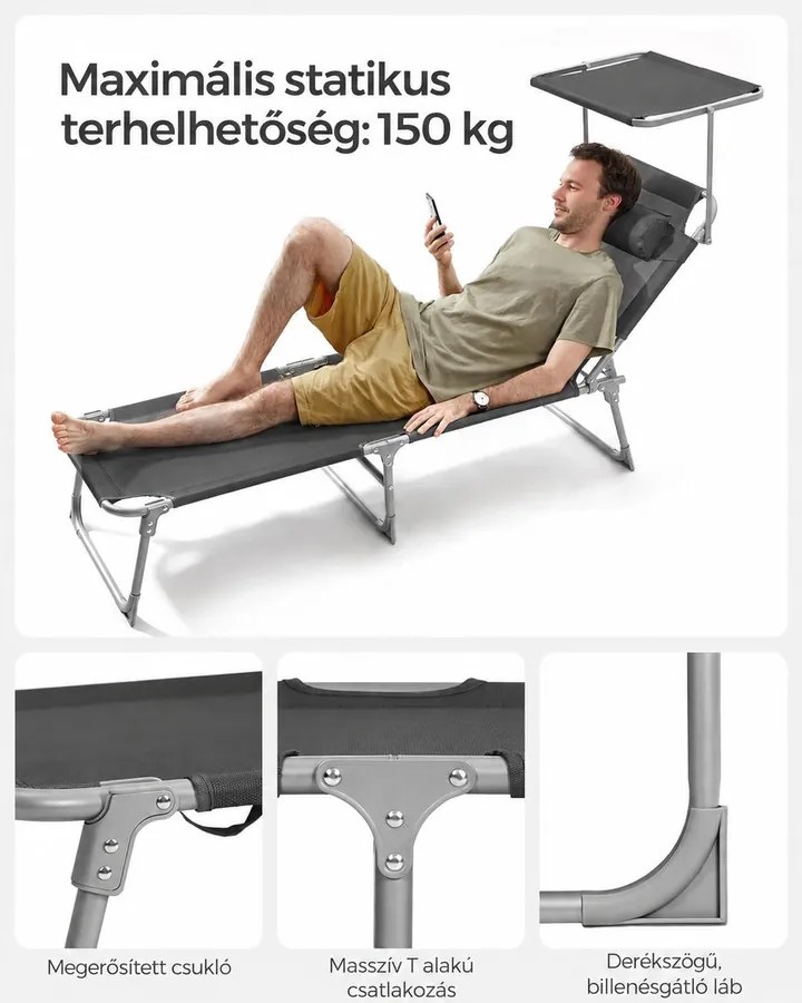 Összecsukható napozóágy napellenzővel 53 x 193 x 29,5 cm, 150 kg-ig terhelhető, sötétszürke