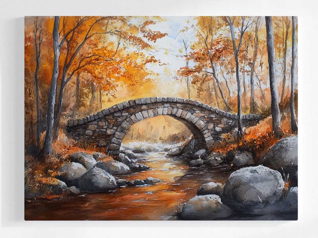 Poszter Tájkép Ősz Erdő Fák Folyó Kőhíd 100x75