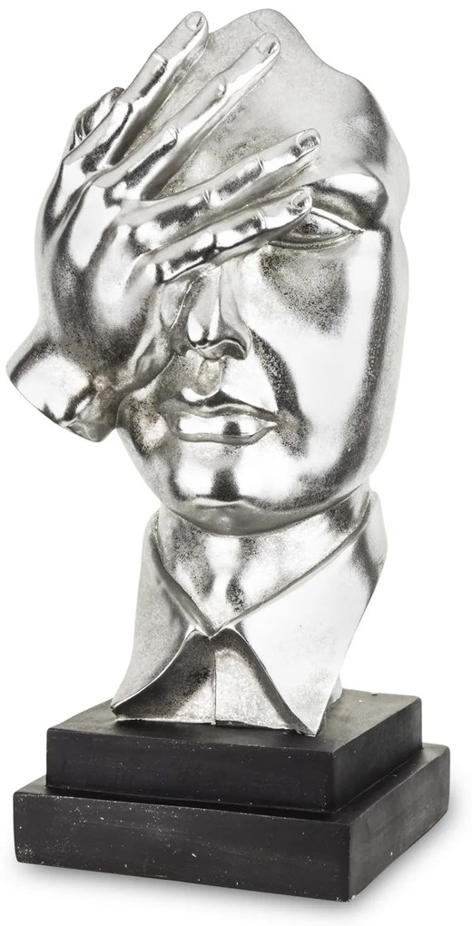 Bond design ezüst emberi arc kézfejjel műanyag mellszobor asztali dekoráció fekete talpon 54x23x23cm