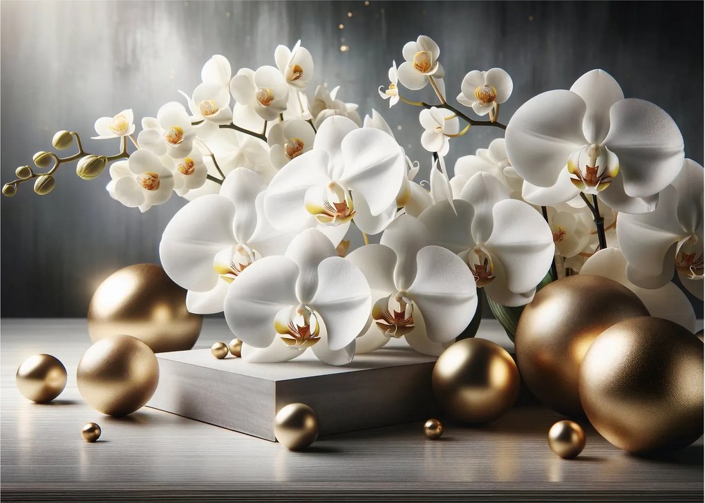 Üveg kép - Orchidea és aranygolyók (70x50 cm)