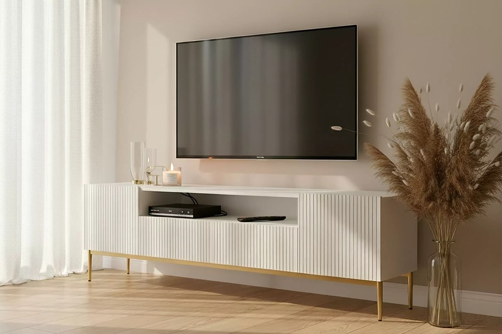 Nicole TV-szekrény 200 cm nyitott polccal és fiókokkal - matt fehér / arany lábak