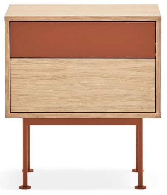 Yoko téglavörös éjjeliszekrény tölgyfa dekorral - Teulat