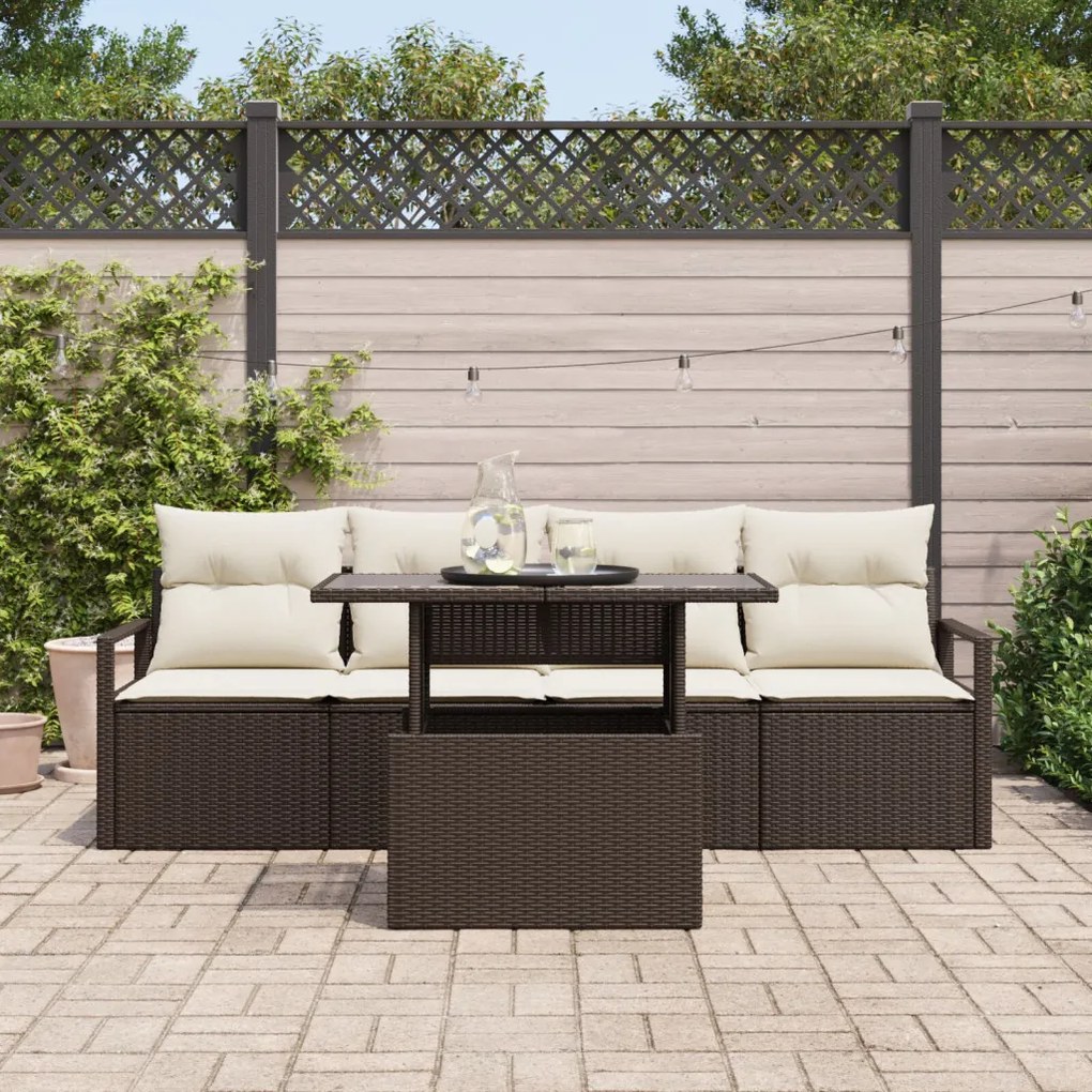 5 Részes Kert Sofa Szett Párnákkal Barna Poli Rattan, 2-Fős Kert Sofa Párnákkal Barna Poli Rattan