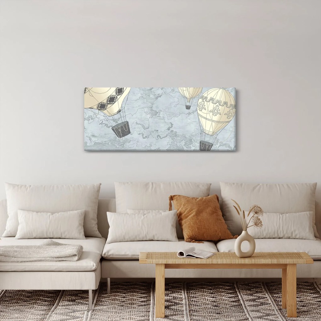 Kép - léggömbök a város felett, hűvös tónusok (120x50 cm)