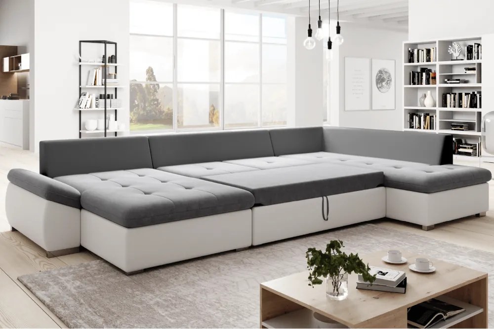 Kinyitható ülőgarnitúra, fehér/szürke, jobbos, MATAR U