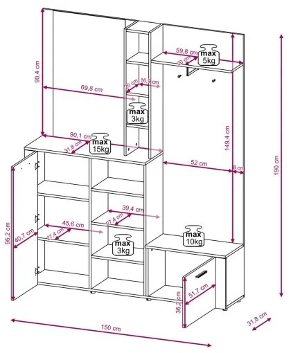 Előszobafal tükörrel KEVIN barna/fehér