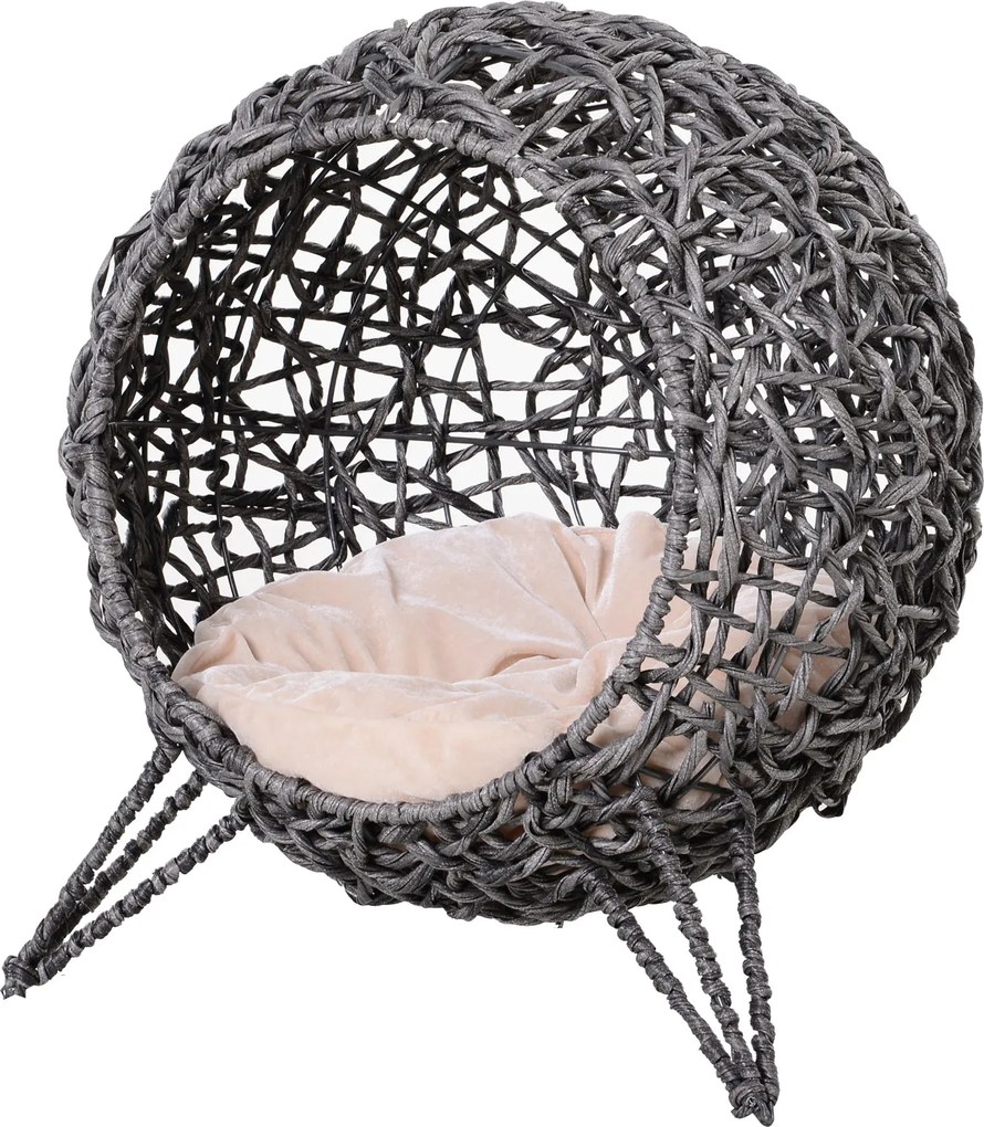 PawHut Rattan Macskaodú Párnával, Macska Alvóhely, Macska Barlang Emelt Lábakkal Ezüst Szürke Ø52 x 58 cm | Aosom