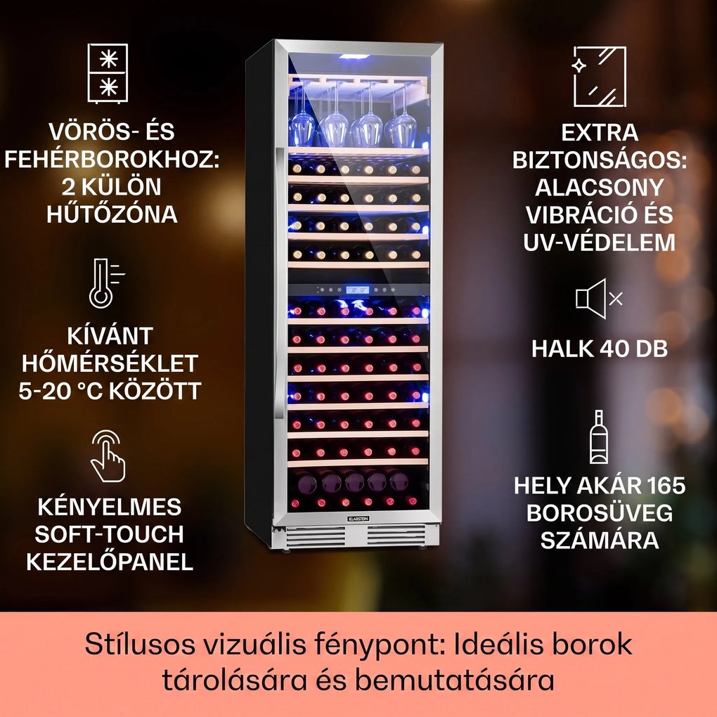 Klarstein Vinovilla Grande Duo, nagy kapacitású borhűtő, 425 liter, 165 palack, 3 színű LED világítás