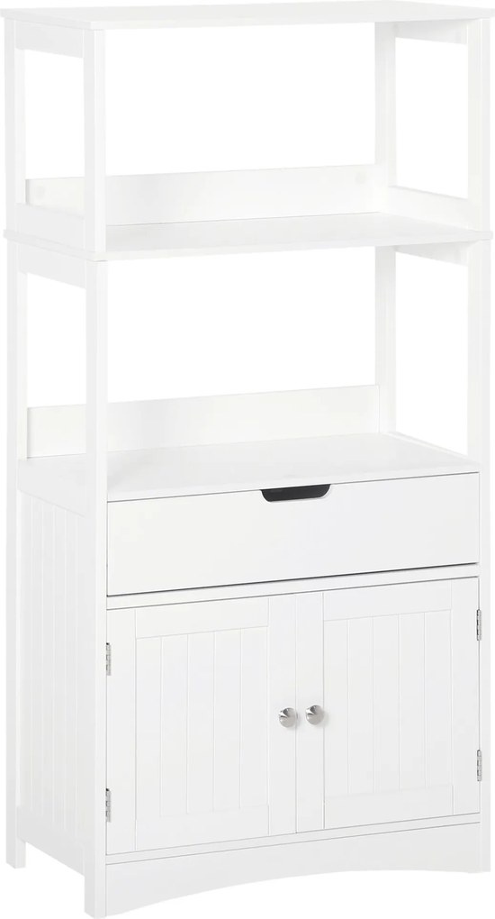 Kleankin Fürdőszobaszekrény 3 Polccal, Fiókkal és 2 Ajtóval – Modern Padlószekrény Konyhába, Hálószobába és Nappaliba 60x33x122.5 cm Fehér | Aosom