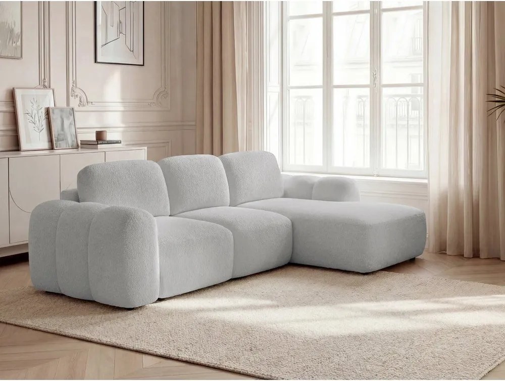 Világosszürke buklé kinyitható-tárolóhelyes sarokkanapé (jobb oldali-heverő résszel) Montaigne – Bobochic Paris
