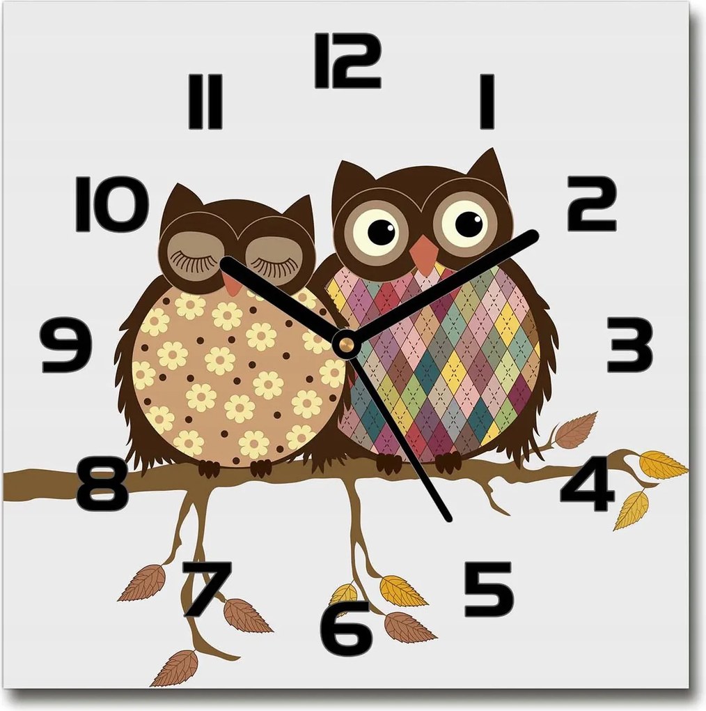 Négyzet alakú üveg falióra Két bagoly egy ágon 30x30