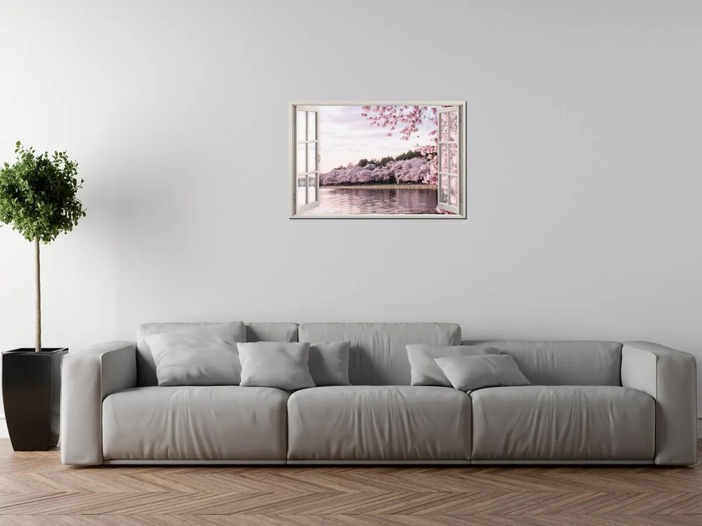 Gario Vászonkép Nyitott ablak Rózsaszín természet Méret: 90 x 60 cm