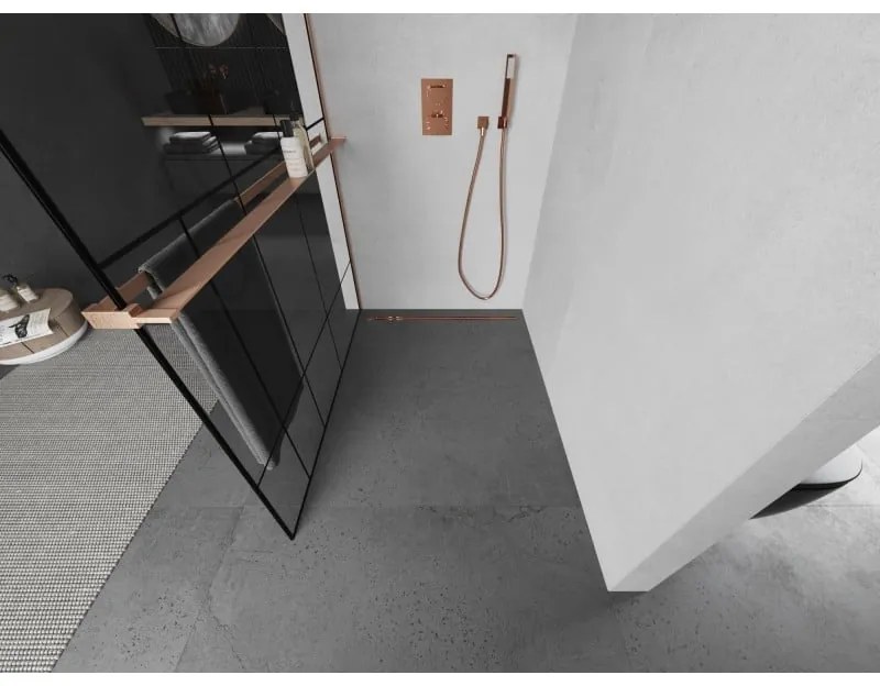 Mexen Kioto+, Walk-In zuhanyparaván polccal és akasztóval 110 x 200 cm, 8 mm átlátszó üveg fekete mintás, réz matt profil, 800-110-121-65-78