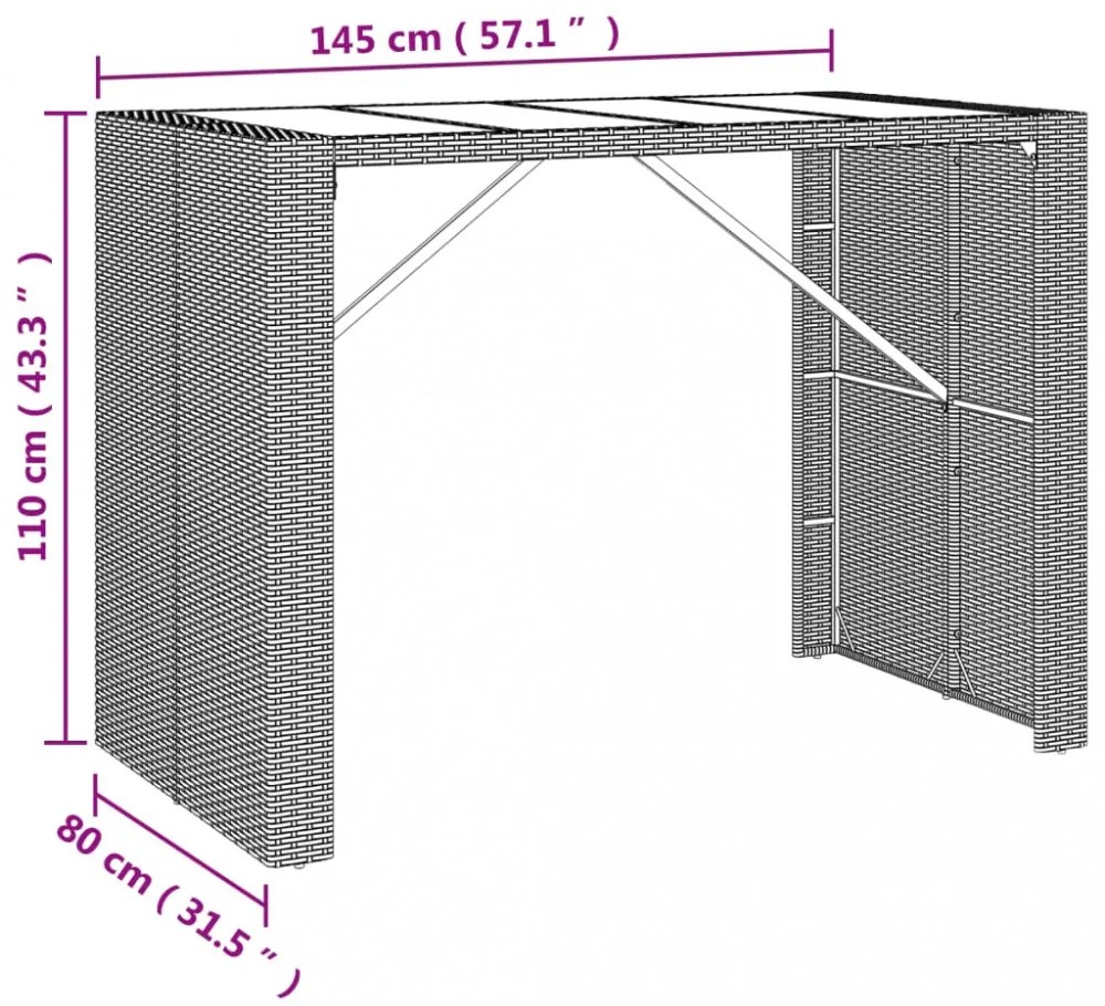 barna polyrattan kerti asztal üveglappal 145 x 80 x 110 cm