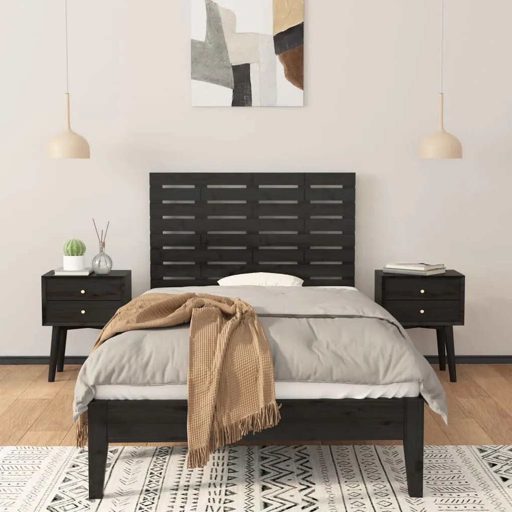 fekete tömör fenyőfa fali fejtámla 81x3x63 cm
