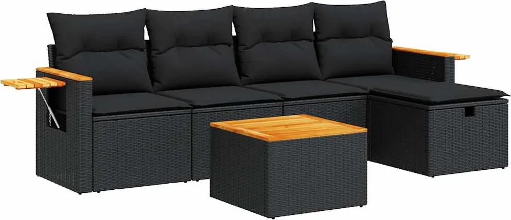 vidaXL 6 részes fekete polyrattan kerti ülőgarnitúra párnákkal