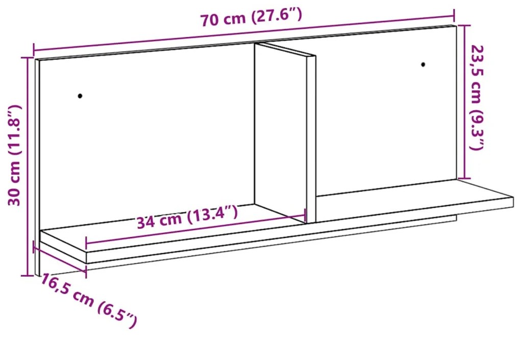 antik fa színű szerelt fa faliszekrény 70 x 16,5 x 30 cm