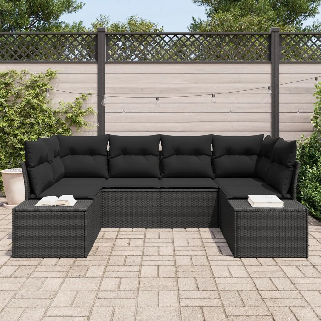 6 Darabos Kert Sofa Szett Párnákkal Fekete Poli Rattan