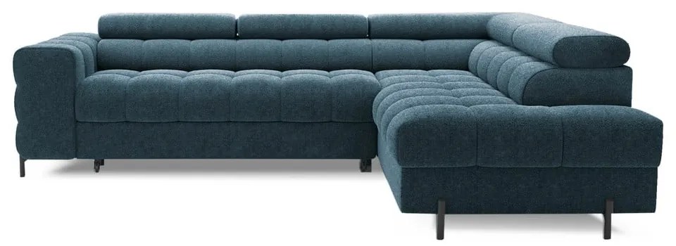 Kék buklé kinyitható-tárolóhelyes sarokkanapé (jobb oldali-L alakú) Ferucce – ELTAP