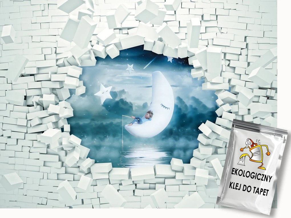 Fotótapéta Flizelina 3D Tégla Hold Kék Modern 350x250 ragasztó