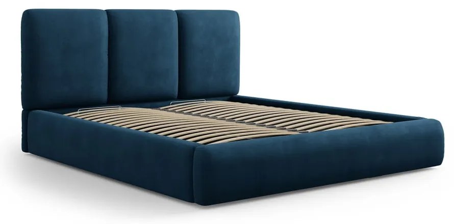 Sötétkék kárpitozott ágyneműtartós franciaágy ágyráccsal 140x200 cm Brody – Mazzini Beds