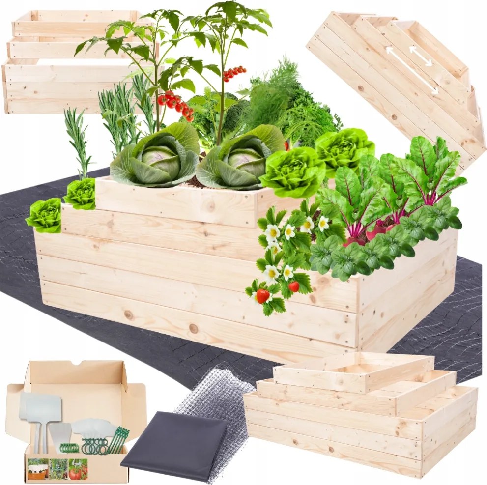 Magasított ágyás lépcsőzetes állítható fa virágtartó 45x120x80