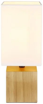 Globo 21628W Asztali lámpa natúr fa, fehér textil, fekete PVC kábel, billenőkapcsoló a kábelen, HxSzxM: 120x120x300mm, kábelhossz 1500mm, nem tartozék: 1x E27 7W 230V