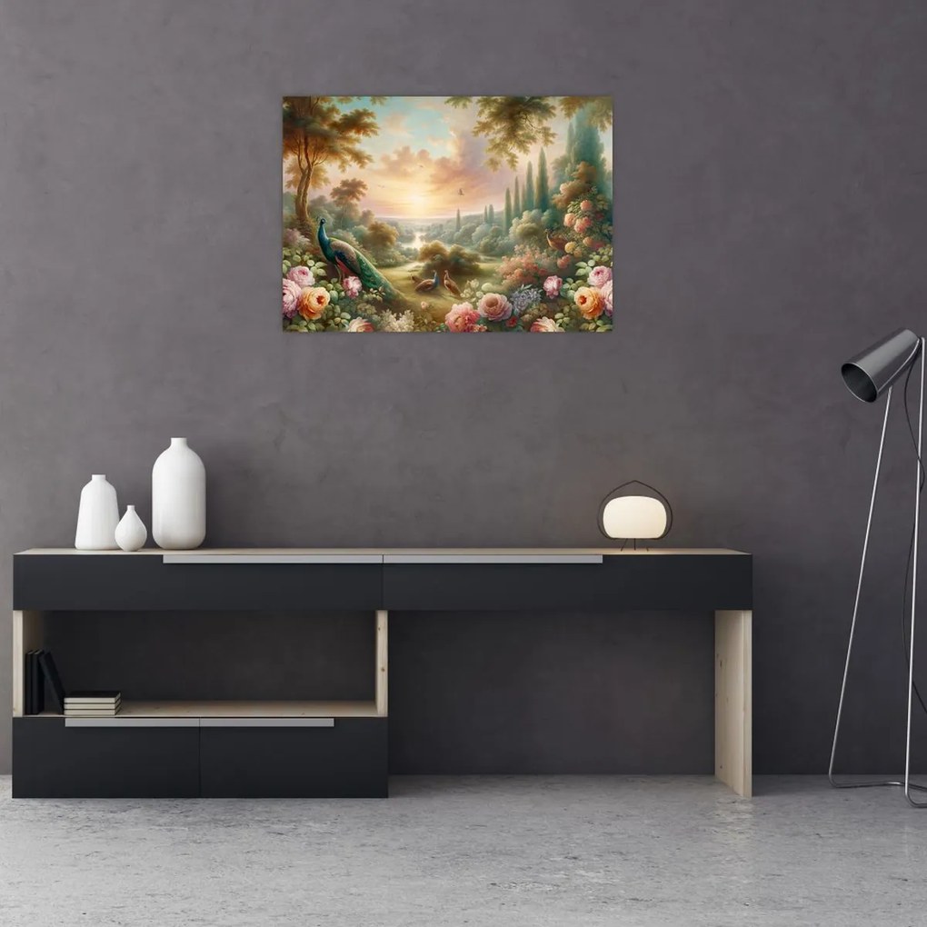Üveg kép - Pávák a kertben (70x50 cm)