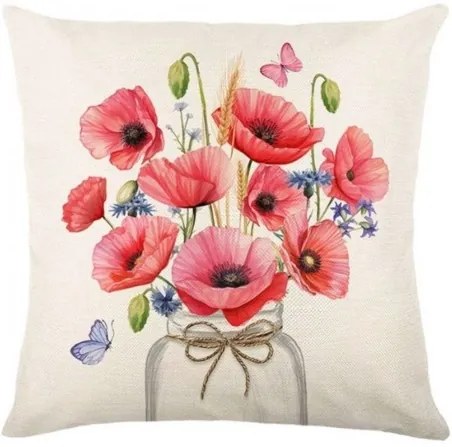 Len párnahuzat POPPY FLOWERS 45x45 cm, bézsínű