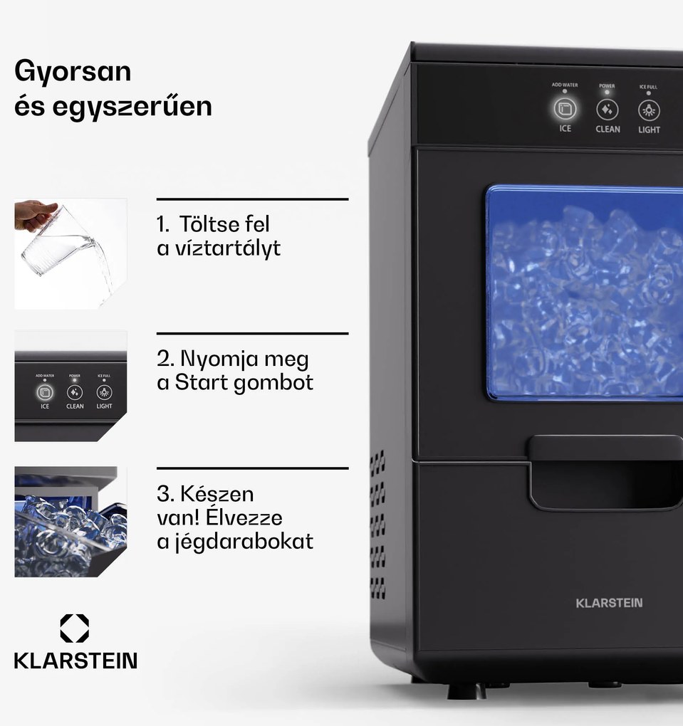 Klarstein Ice Galet, darabos jég készítő, 20 kg/24 ó, Auto-Clean, 2,2 literes víztartály