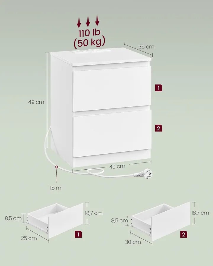 Éjjeliszekrény beépített konnektorral, 2 db-os szett felhőfehér