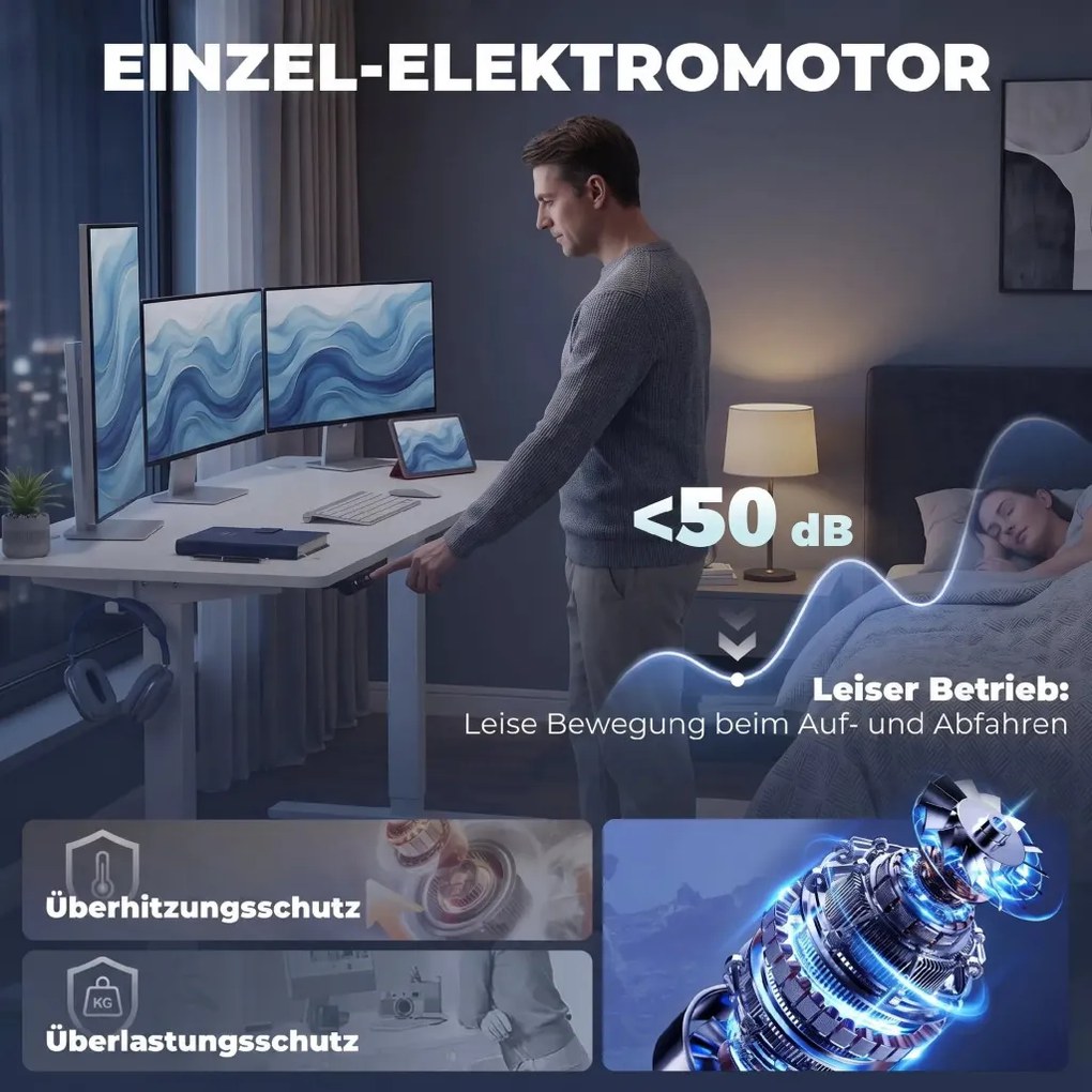 Állítható íróasztal memóriafunkcióval, 140 x 60 cm LED kijelzővel, fehér