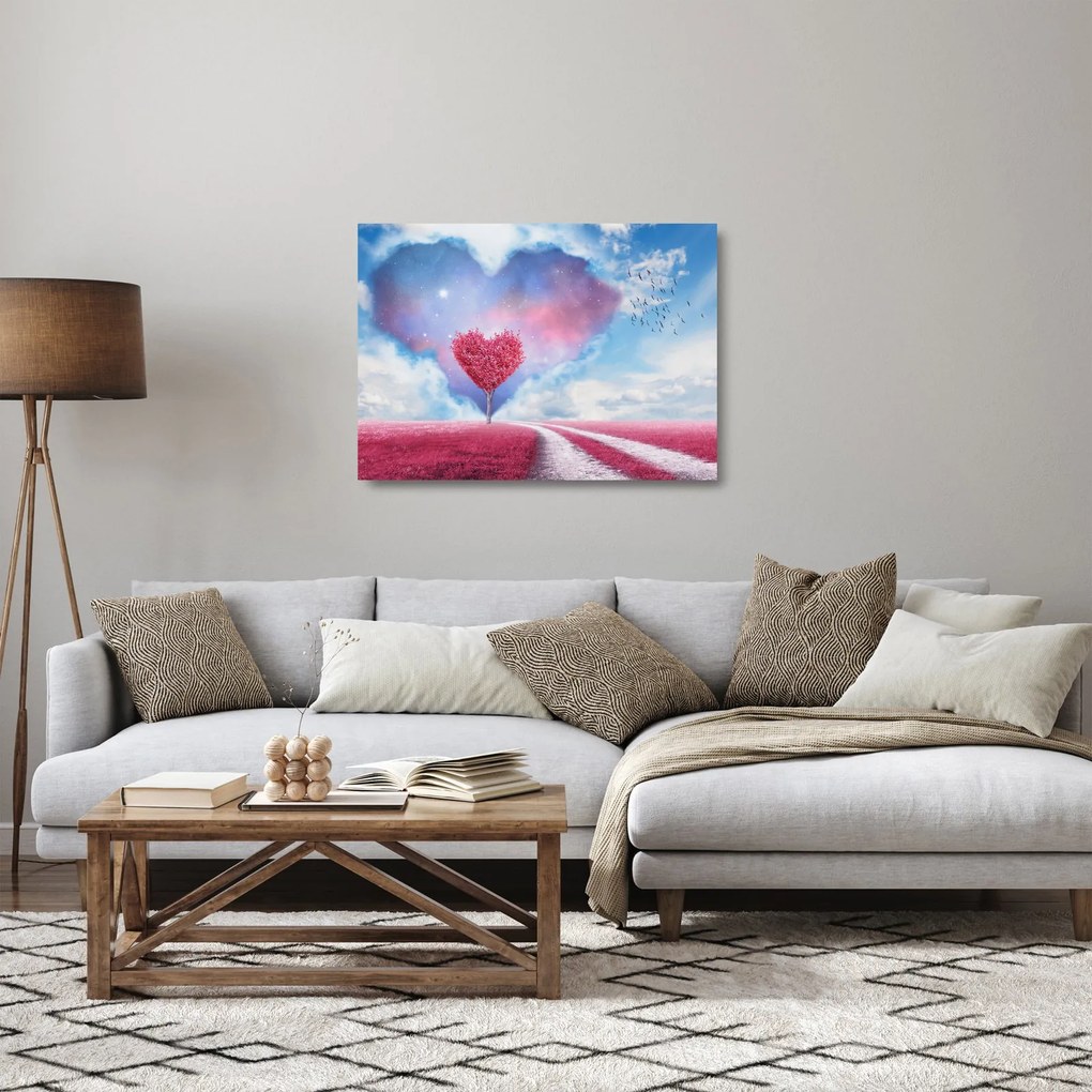 Üveg kép - Rózsaszín szív fa (70x50 cm)