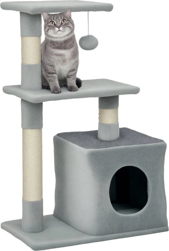 PawHut Macska Karcolófa 81,5 cm Macska Torony Zsinegfokkal 2 Platformmal Barlanggal és Lógó Gömbbel Stílusos Dizájn 50x30x81,5 cm Sötétszürke | Aosom