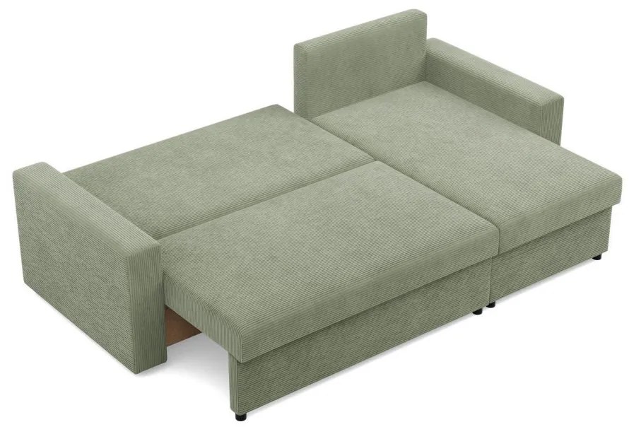 Zeus sarokkanapé, 2 ágyneműtartóval, egyenes kartámasz, kordbársony, univerzális oldal, hab töltet, zöld