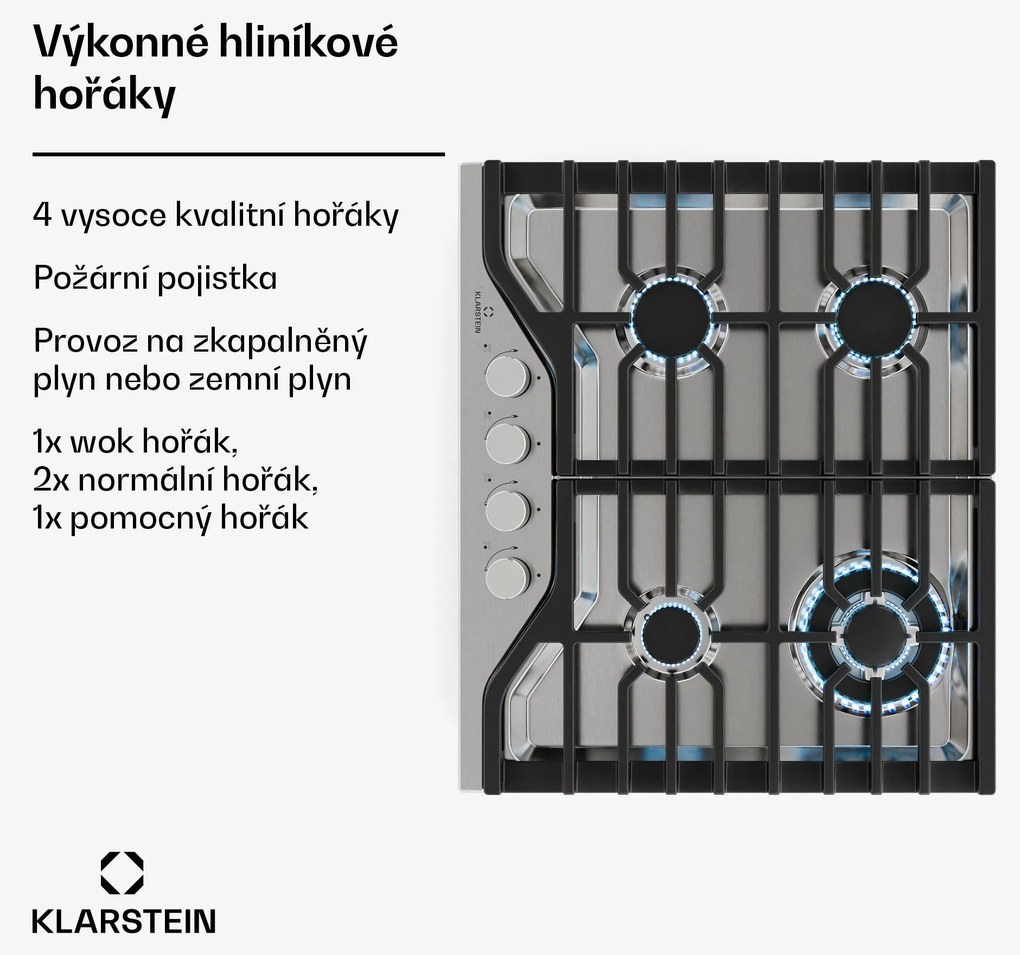 Klarstein Turbocast gáz főzőlap, 304 rozsdamentes acél, 4 égő, professzionális öntöttvas tartó, wok-égő